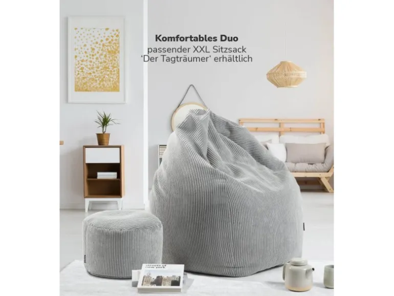 mokebo Pouf oder Sitzhocker aus Cord Der Faule Lenz Fußhocker in Grau mit EPS-Perlen Füllung