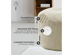 mokebo Pouf oder Sitzhocker aus Cord Der Faule Lenz Fußhocker in Beige mit EPS-Perlen Füllung