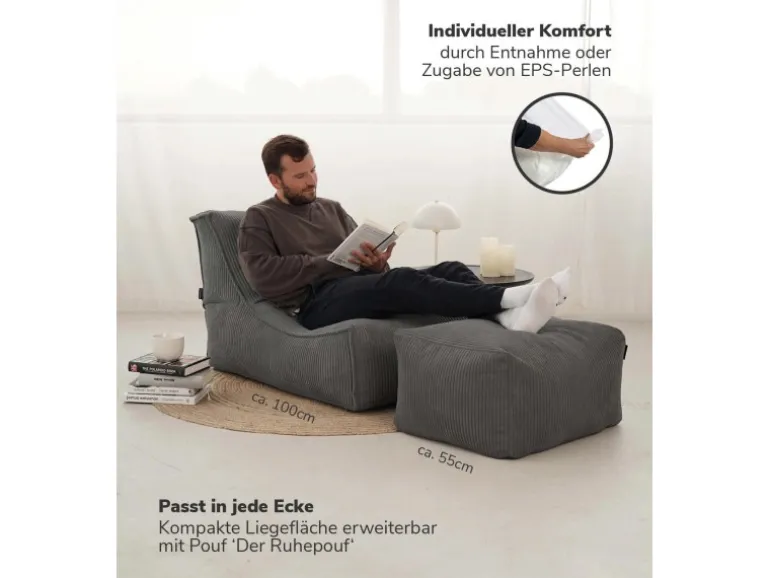 mokebo Sitzsack Sessel mit Hocker aus Cord Der Lümmel XXL Sitzsack Cord Sessel oder Sitz Sessel in Grau