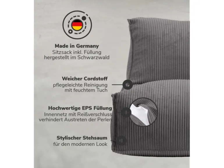 mokebo Sitzsack Sessel mit Hocker aus Cord Der Lümmel XXL Sitzsack Cord Sessel oder Sitz Sessel in Grau