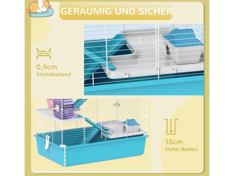 PawHut Hamsterkäfig Metall Kunststoff Hellblau 58L x 36B x 81H cm