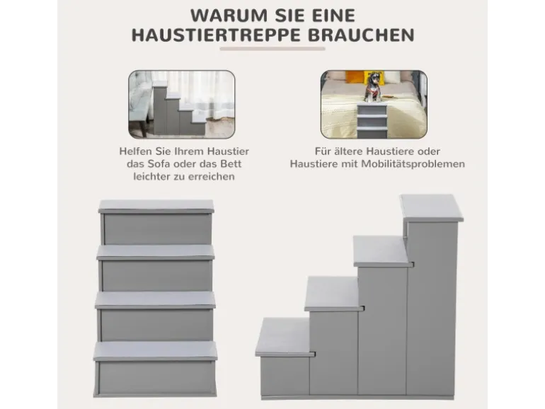 PawHut Haustiertreppe MDF Kurzplüsch Grau 40L x 59B x 54,2H cm