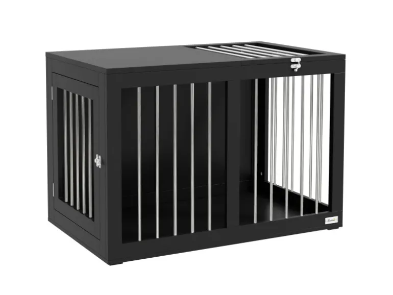 PawHut Hundekäfig Hundehütte Stahl MDF Schwarz 80L x 50B x 56,5H cm