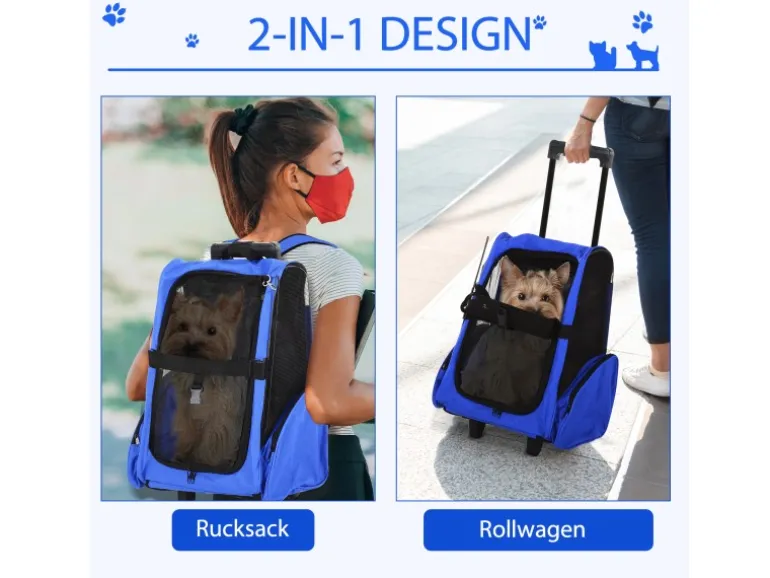 PawHut Hundetrolley Transporttasche für Tiere Trolley 2-in-1 Blau 42 x 25 x 55cm