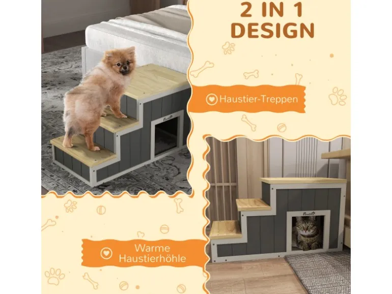 PawHut 2-in-1 Hundetreppe mit Höhle 3 Stufen