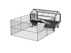 PawHut Kleintierstall mit Klappbarem Auslaufbereich Schwarz 88 x 128,5 x 56 cm