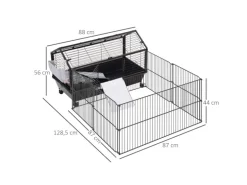 PawHut Kleintierstall mit Klappbarem Auslaufbereich Schwarz 88 x 128,5 x 56 cm