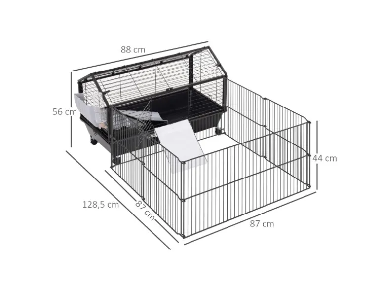 PawHut Kleintierstall mit Klappbarem Auslaufbereich Schwarz 88 x 128,5 x 56 cm