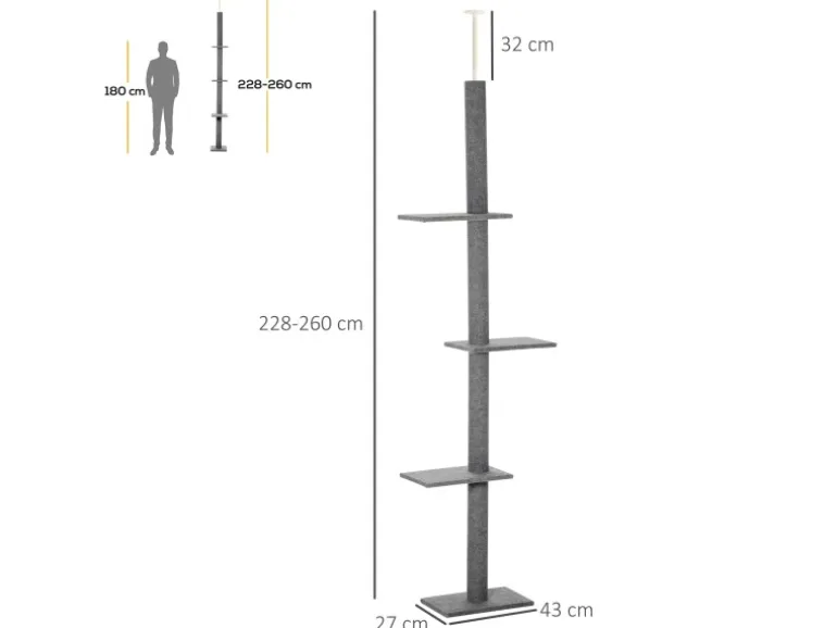 PawHut Kratzbaum Deckenhoch 228-260 cm mit 3 Ebenen Spielbaum