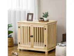 Pawhut Tierkäfig aus Holz mit Kissen Naturholz Cremeweiß 82,5 x 57 x 72 cm