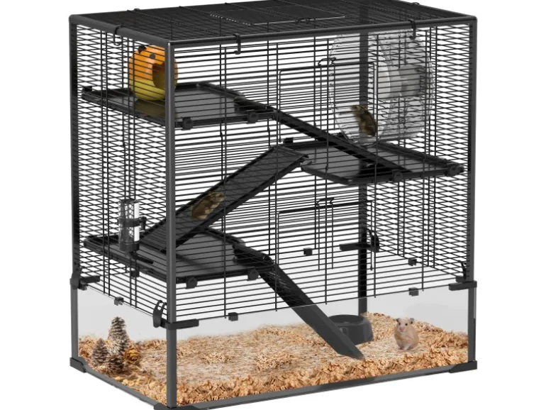 PawHut Zwerghamster-Käfig Stahl Gehärtetes Glas Schwarz 78,5L x 48,5B x 80H cm