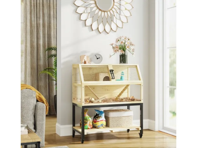 PawHut Zwerghamsterkäfig Tannenholz Stahl Naturholz 87L x 43B x 101H cm