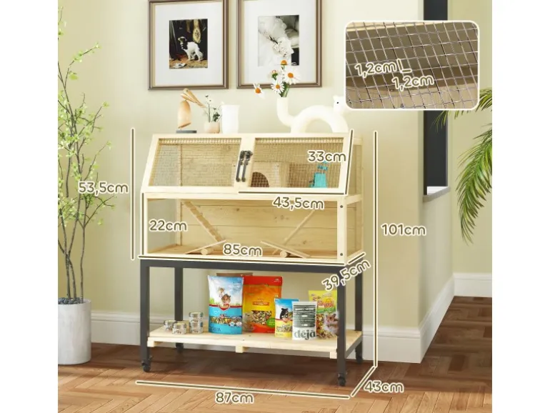 PawHut Zwerghamsterkäfig Tannenholz Stahl Naturholz 87L x 43B x 101H cm