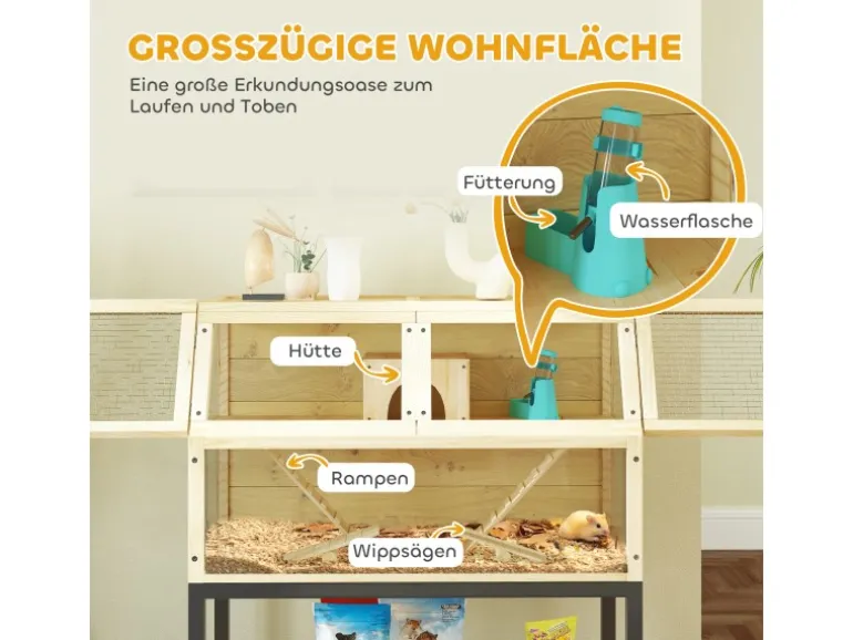 PawHut Zwerghamsterkäfig Tannenholz Stahl Naturholz 87L x 43B x 101H cm