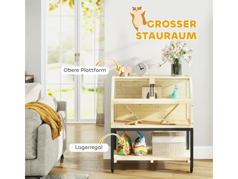 PawHut Zwerghamsterkäfig Tannenholz Stahl Naturholz 87L x 43B x 101H cm