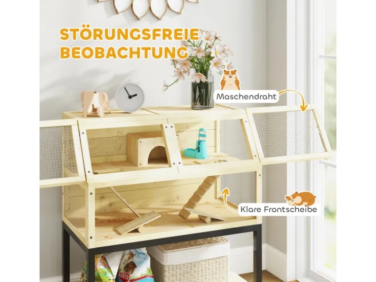 PawHut Zwerghamsterkäfig Tannenholz Stahl Naturholz 87L x 43B x 101H cm