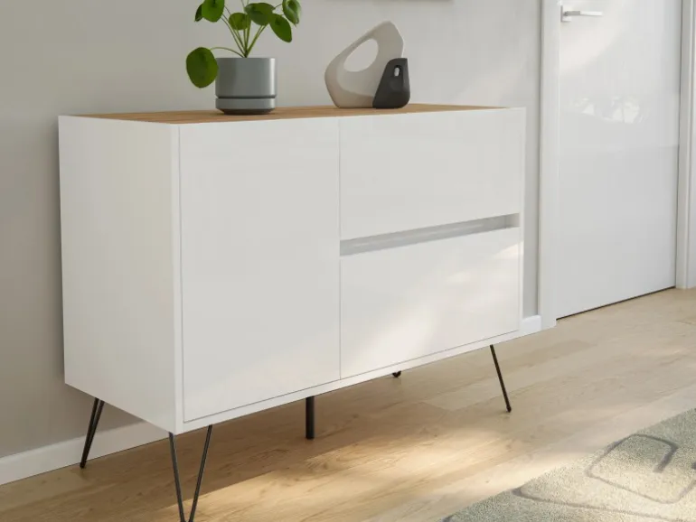 Posseik Sideboard Industrial S 2 Schubladen 1 Tür 100 cm Weiß Eiche Top