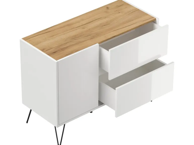 Posseik Sideboard Industrial S 2 Schubladen 1 Tür 100 cm Weiß Eiche Top