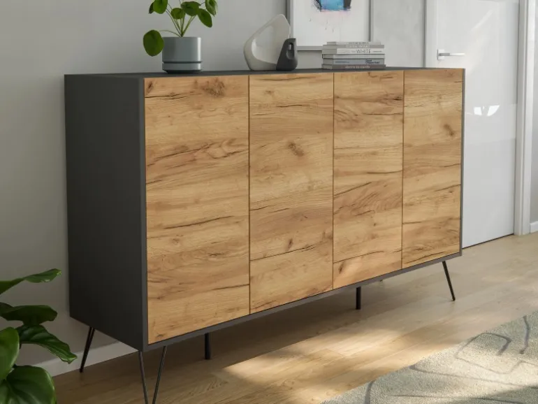 Posseik Sideboard Industrial P 4 Schubladen 4 Türen 155 cm Grafit Eiche Front