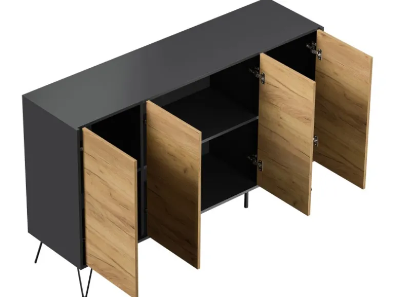 Posseik Sideboard Industrial P 4 Schubladen 4 Türen 155 cm Grafit Eiche Front