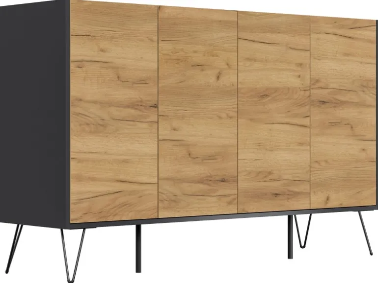 Posseik Sideboard Industrial P 4 Schubladen 4 Türen 155 cm Grafit Eiche Front