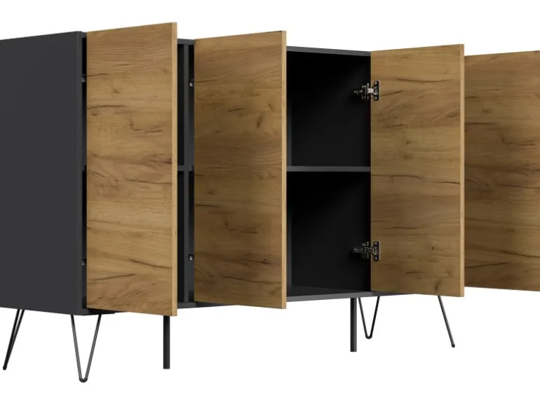 Posseik Sideboard Industrial P 4 Schubladen 4 Türen 155 cm Grafit Eiche Front