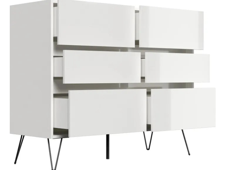 Posseik Sideboard Industrial M 6 Schubladen 120 cm Weiß Hochglanz
