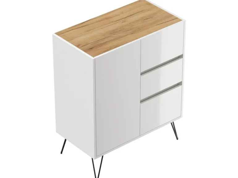 Posseik Sideboard Industrial K 3 Schubladen 1 Tür 80 cm Weiß Eiche Top