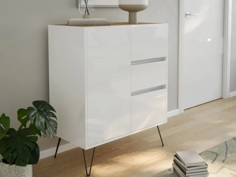 Posseik Sideboard Industrial K 3 Schubladen 1 Tür 80 cm Weiß Eiche Top