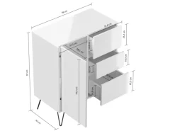Posseik Sideboard Industrial K 3 Schubladen 1 Tür 80 cm Weiß Eiche Top