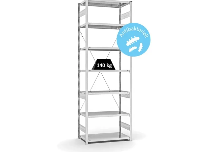 PROREGAL Antibakterielles Fachbodenregal Stecksystem T-Profil HxBxT 300 x 100 x 50 cm 7 Ebenen Traglast 140 kg Antibakterielle Beschichtung Weiß