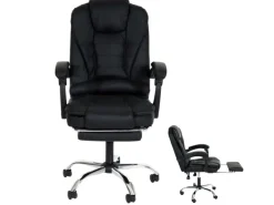 Proregal Bürostuhl HxBxT 110x63x103 cm Sitzhöhe 48cm Ausziehbare Fußstütze Kunstleder Schwarz Schreibtischstuhl Drehstuhl Chefsessel