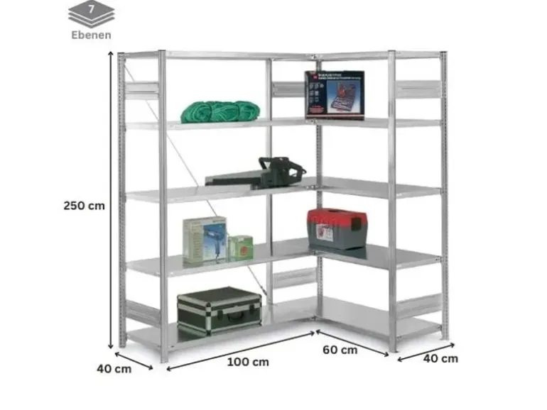 PROREGAL Eckregal Stecksystem T-Profil HxBxT 300 x 100 x 40 cm 7 Ebenen Traglast 124 kg Verzinkt