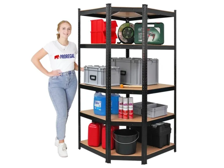 PROREGAL Eckregal Ragnar für Gesamtlast 875 kg HxBxT 180 x 90 x 60 cm Schwarz Kellerregal Steckregal Garagenregal Lagerregal