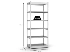 PROREGAL Fachbodenregal Stecksystem Vierkant-Profil Grundregal HxBxT 250 x 102,5 x 50 cm 6 Ebenen Einseitige Bauart Fachlast 200 kg Lichtgrau