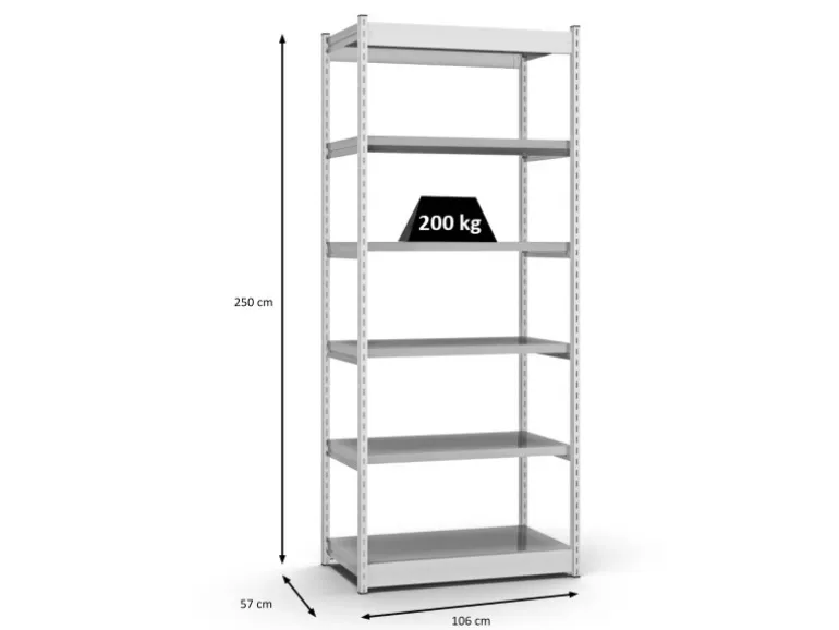 PROREGAL Fachbodenregal Stecksystem Vierkant-Profil Grundregal HxBxT 250 x 102,5 x 50 cm 6 Ebenen Einseitige Bauart Fachlast 200 kg Lichtgrau