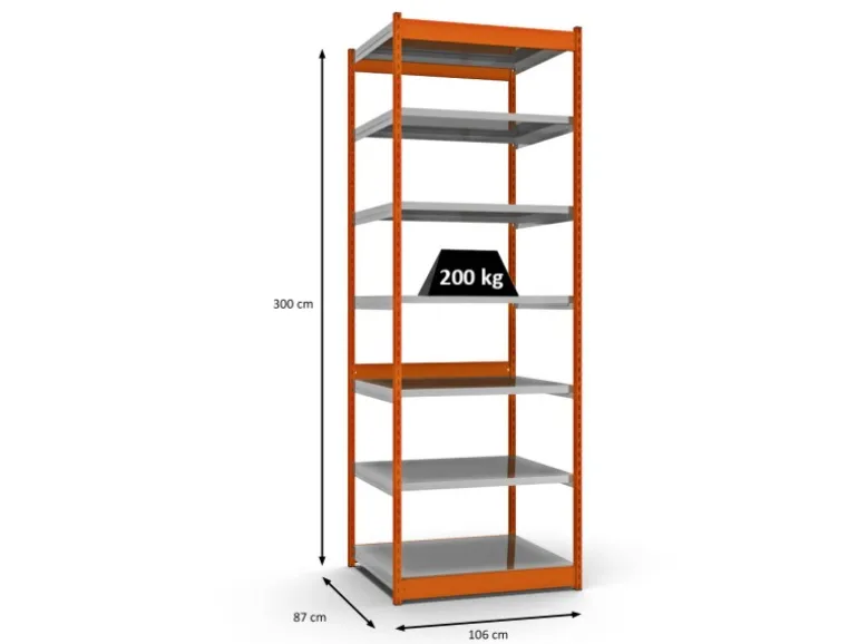 PROREGAL Fachbodenregal Stecksystem Vierkant-Profil Grundregal HxBxT 300 x 102,5 x 80 cm 7 Ebenen Einseitige Bauart Fachlast 200 kg Orange