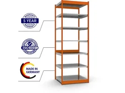 PROREGAL Fachbodenregal Stecksystem Vierkant-Profil Grundregal HxBxT 300 x 102,5 x 80 cm 7 Ebenen Einseitige Bauart Fachlast 200 kg Orange