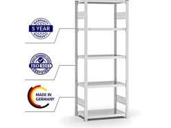 PROREGAL Fachbodenregal Stecksystem T-Profil Medium-Duty Grundregal HxBxT 200 x 75 x 40 cm 5 Ebenen Fachlast 225 kg Beidseitig Nutzbar Lichtgrau