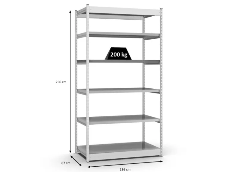 PROREGAL Fachbodenregal Stecksystem Vierkant-Profil Grundregal HxBxT 250 x 132,5 x 60 cm 6 Ebenen Einseitige Bauart Fachlast 200 kg Lichtgrau