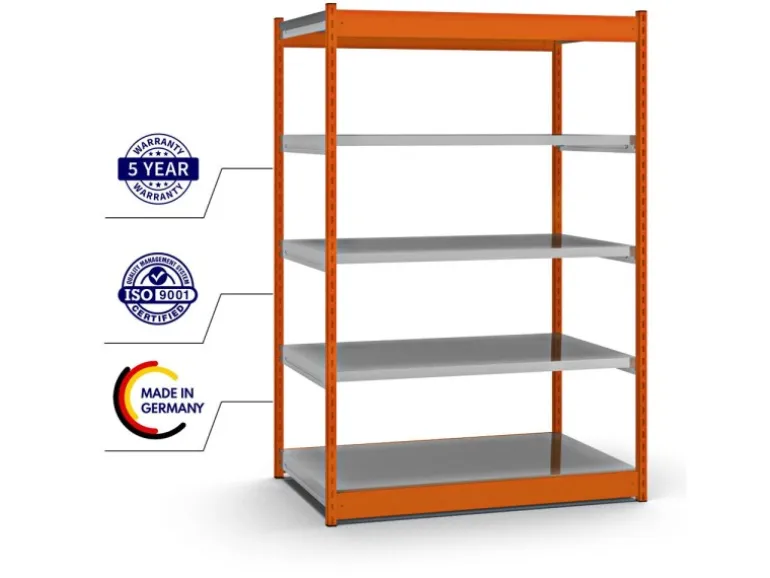 PROREGAL Fachbodenregal Stecksystem Vierkant-Profil Grundregal HxBxT 200 x 132,5 x 80 cm 5 Ebenen Einseitige Bauart Fachlast 200 kg Orange
