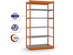 PROREGAL Fachbodenregal Stecksystem Vierkant-Profil Grundregal HxBxT 250 x 132,5 x 60 cm 6 Ebenen Einseitige Bauart Fachlast 200 kg Orange