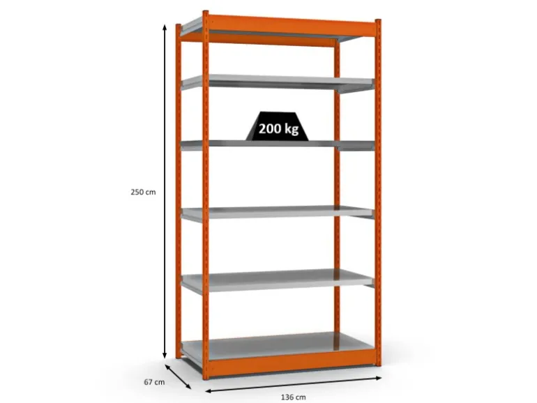 PROREGAL Fachbodenregal Stecksystem Vierkant-Profil Grundregal HxBxT 250 x 132,5 x 60 cm 6 Ebenen Einseitige Bauart Fachlast 200 kg Orange