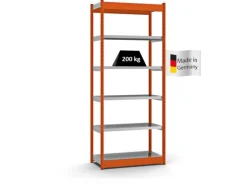 PROREGAL Fachbodenregal Stecksystem Vierkant-Profil Grundregal HxBxT 250 x 102,5 x 40 cm 6 Ebenen Einseitige Bauart Fachlast 200 kg Orange
