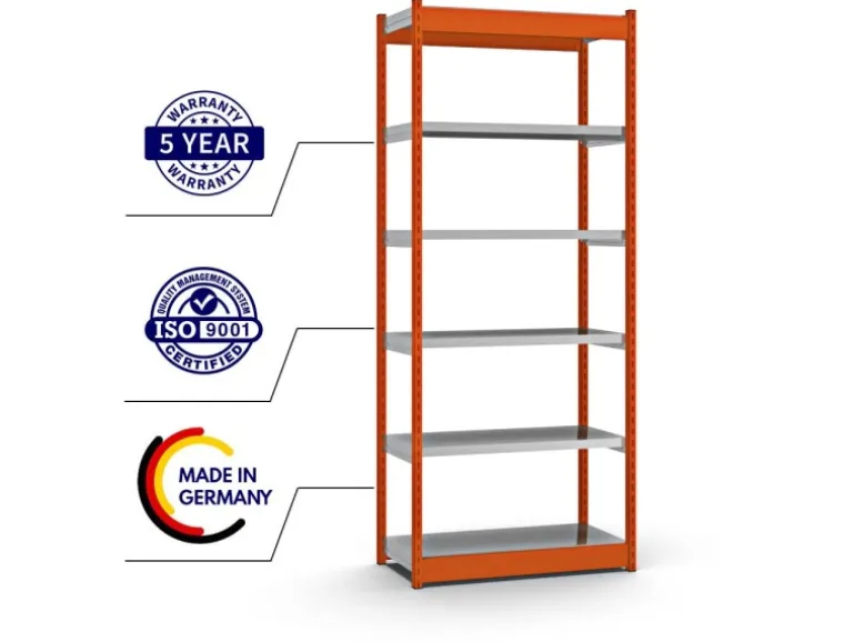 PROREGAL Fachbodenregal Stecksystem Vierkant-Profil Grundregal HxBxT 250 x 102,5 x 40 cm 6 Ebenen Einseitige Bauart Fachlast 200 kg Orange