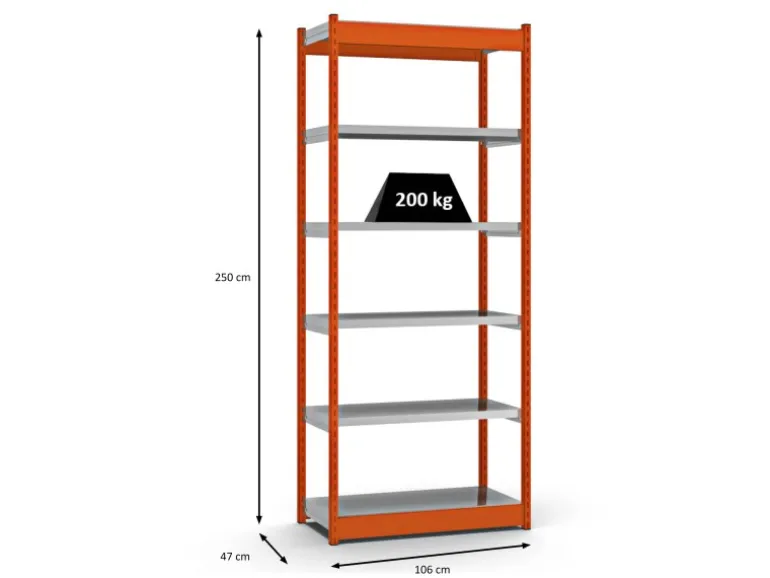 PROREGAL Fachbodenregal Stecksystem Vierkant-Profil Grundregal HxBxT 250 x 102,5 x 40 cm 6 Ebenen Einseitige Bauart Fachlast 200 kg Orange