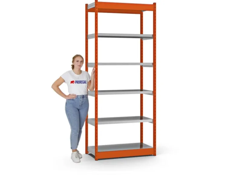 PROREGAL Fachbodenregal Stecksystem Vierkant-Profil Grundregal HxBxT 250 x 102,5 x 40 cm 6 Ebenen Einseitige Bauart Fachlast 200 kg Orange
