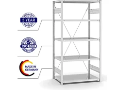 PROREGAL Fachbodenregal Stecksystem T-Profil Light-Duty Grundregal HxBxT 200 x 100 x 60 cm 5 Ebenen Fachlast 140 kg Einseitig Nutzbar Lichtgrau