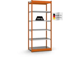 PROREGAL Fachbodenregal Stecksystem Vierkant-Profil Grundregal HxBxT 250 x 102,5 x 50 cm 6 Ebenen Einseitige Bauart Fachlast 200 kg Orange
