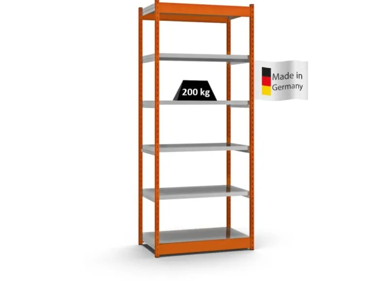 PROREGAL Fachbodenregal Stecksystem Vierkant-Profil Grundregal HxBxT 250 x 102,5 x 50 cm 6 Ebenen Einseitige Bauart Fachlast 200 kg Orange